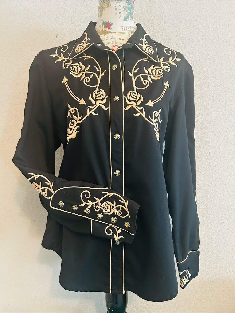 Scully Western Shirt Gold Embroidered Pearl Snap Rockabilly Rodeo Black Womens L